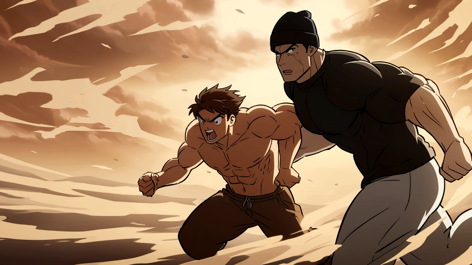 Muscular boy with black beanie hat and short brown hair manages to overtake another totally different person in a race, there are only the two of them, epic anime style