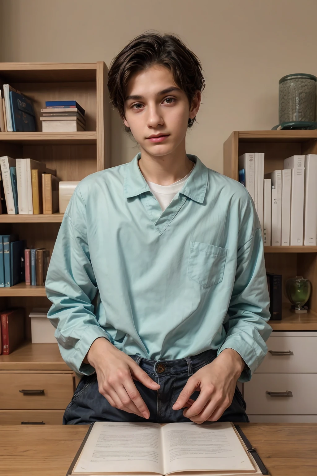 A young male twink, cute, beautiful, soft, with a beautiful face with make-up and blush, and black hair, and his eyes have dark circles under them. He is wearing a long-sleeved aquamarine shirt and white jeans. He is in the Faculty of Medicine, studying on the blackboard with brain anatomy written on it, and on his desk are scientific medical books. And manuscripts of brain anatomy