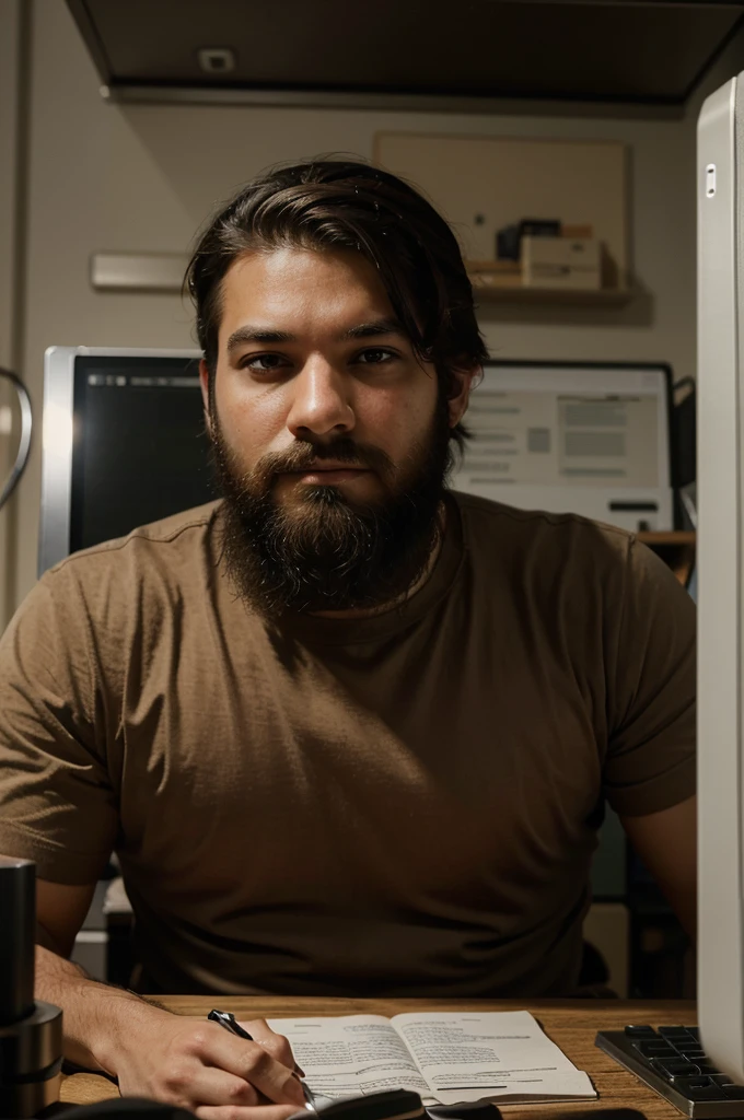 The images showcase stunning masterpieces. An engineer with cropped hair and a beard, sitting in the office in front of the computer. He could be a good man. It seemed like he might be panicking any second.