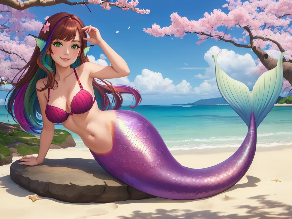 masterpiece, best quality:1.2), 1girl, smile, looking at viewer, green eyes, short brown multicolored hair, mermaid, mermaid girl, wearing purple seashell , laying on belly on beach, colorful mermaid tail, outdoors, head fins, fin ears, under cherry blossoms