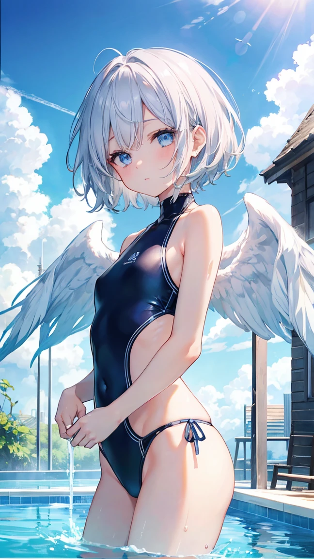 short hair、Silver Hair、Twinkling eyes、blue eyes、Three pairs of angel wings、Embarrassing、shine、reflected light、Film Grain、masterpiece、Textured skin、Super Detail、High Detail、high quality、最high quality、High resolution,Pool,blue sky,Swimwear,summer