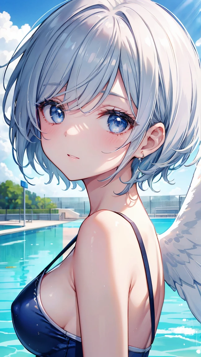 short hair、Silver Hair、Twinkling eyes、blue eyes、Three pairs of angel wings、Embarrassing、shine、reflected light、Film Grain、masterpiece、Textured skin、Super Detail、High Detail、high quality、最high quality、High resolution,Pool,blue sky,Swimwear,summer