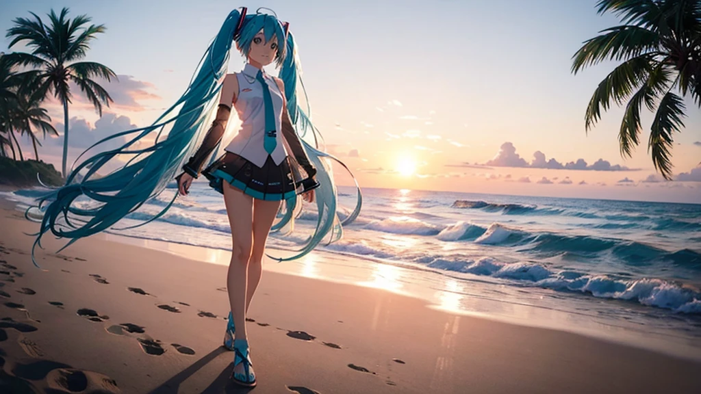 With the sun setting in the background、Please draw an upscaled image of Hatsune Miku walking on the beach。Her clear blue hair fluttering in the wind、The futuristic outfit stands out。Soft sand all around、The sound of the waves gently lapping、And the palm trees dot the landscape.。