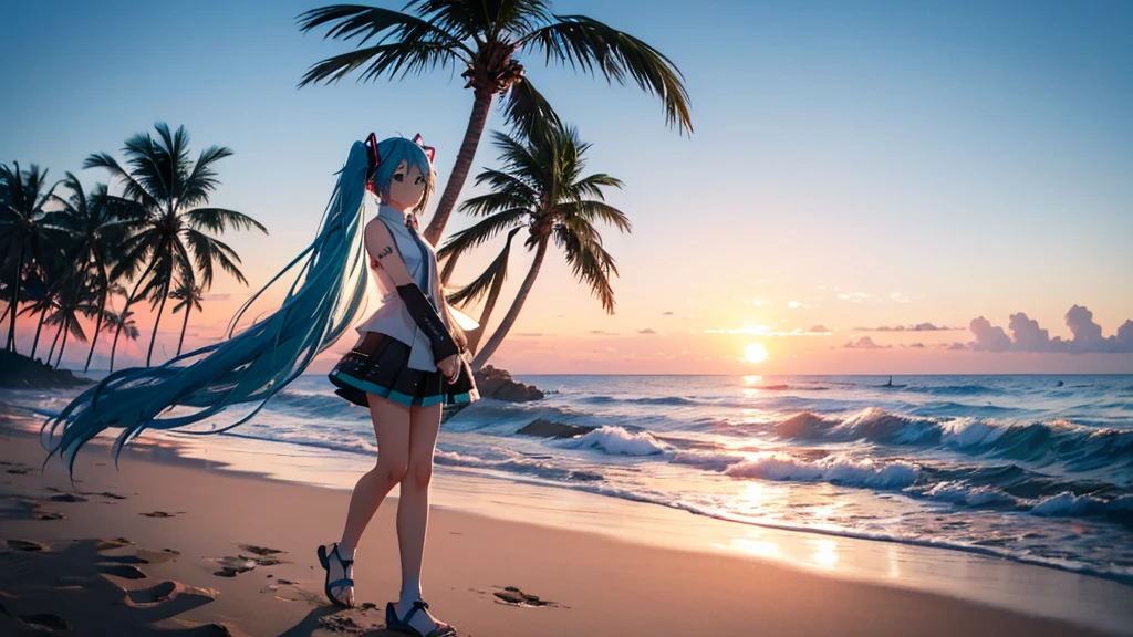 With the sun setting in the background、Please draw an upscaled image of Hatsune Miku walking on the beach。Her clear blue hair fluttering in the wind、The futuristic outfit stands out。Soft sand all around、The sound of the waves gently lapping、And the palm trees dot the landscape.。
