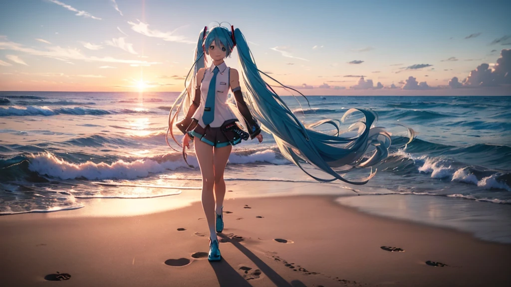 With the sun setting in the background、Please draw an upscaled image of Hatsune Miku walking on the beach。Her clear blue hair fluttering in the wind、The futuristic outfit stands out。Soft sand all around、The sound of the waves gently lapping、And the palm trees dot the landscape.。