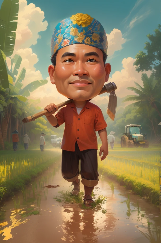 cartoon man walking through a muddy field with a hoe, The head wears a typical Javanese headgear blangkon, caricature illustration, farmer, Indonesian farmer, caricature style, cartoon portrait, cartoon digital painting, caricature, official illustration, cartoon digital art, in cartoon style, inspired by Rudy Siswanto, inspired by I Ketut Soki, potrait, digital cartoon painting art, digital art cartoon, cartoon artstyle