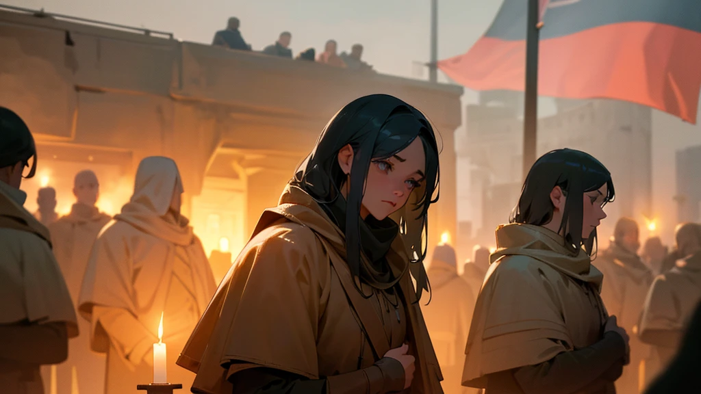 a crowd of men praying and worshiping a girl in the distance in a bunker, candles and a flag in the background, detailed face, beautiful eyes, long eyelashes, highly detailed, 8k, photo-realistic, masterpiece, dramatic lighting, cinematic, moody, warm colors, fantasy