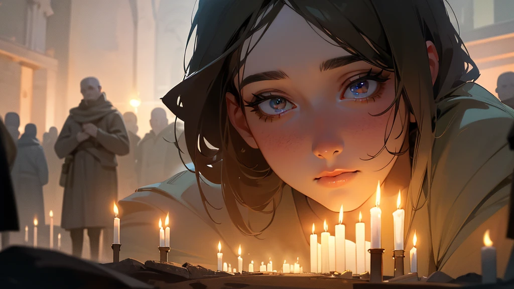 a crowd of men praying and worshiping a girl in the distance in a bunker, candles and a flag in the background, detailed face, beautiful eyes, long eyelashes, highly detailed, 8k, photo-realistic, masterpiece, dramatic lighting, cinematic, moody, warm colors, fantasy