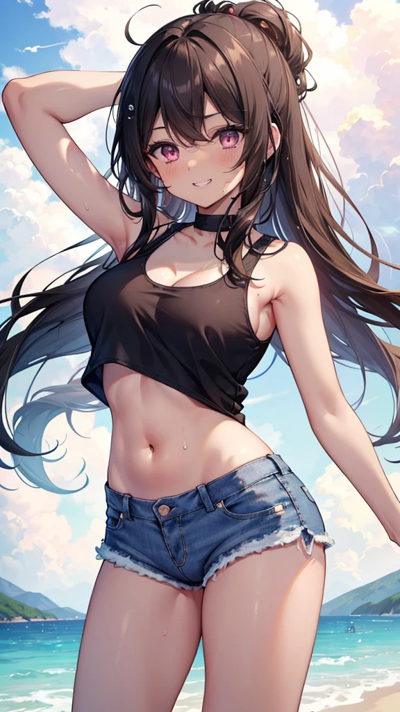 (8K、Highest quality、Highest quality、masterpiece)、Detailed face、One Girl、
(Brown Skin:1.2)、Black Hair、Long Hair、
Pink Eyes、Sweat、Grin、
(White tank top、Denim hot shorts、Mini Shorts、Cameltoe)、
Beach、cloud、
belly button、Big Breasts、