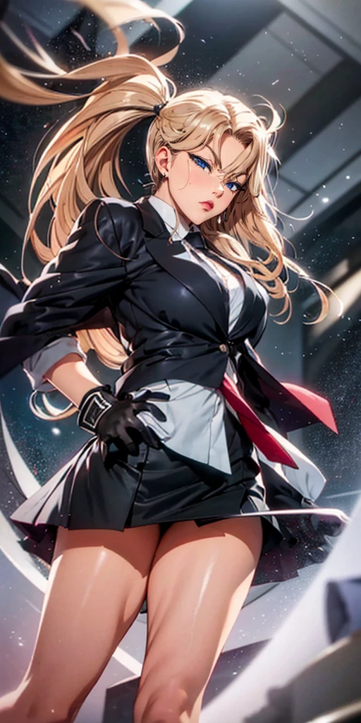  gloves, 1girl, long_hair, black_gloves, solo, blonde hair, skirt, necktie, jacket, hand_on_hip, miniskirt, looking_at_viewer, night