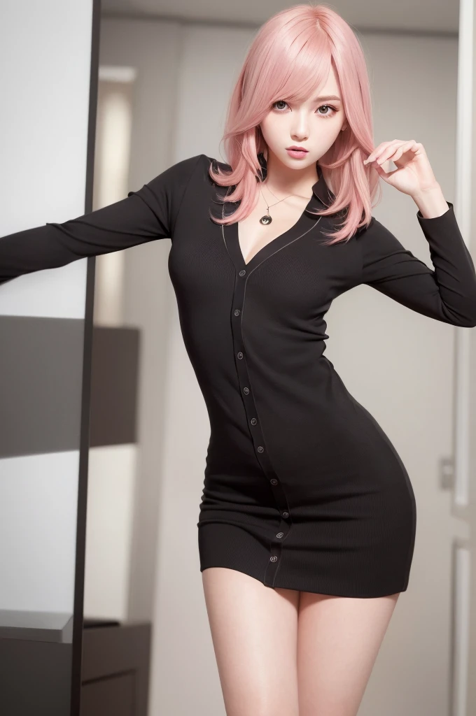 dynamic pose,sitting,1girl,pale skin,delicate face,pink long messy hair,freckles,(baggy black linen shirt:1.3),(small waist,wide thigh gap:1.3,wide thighs:1.3),(best quality:1.2,ultra-detailed,realistic:1.37),portrait,soft colors,polished lighting