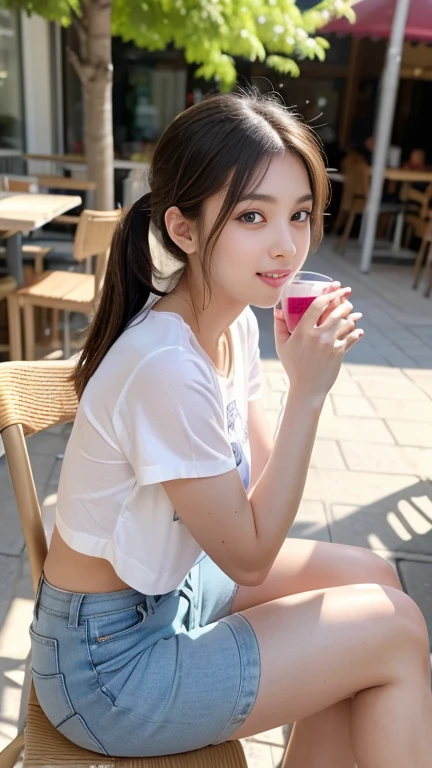 (RAW Photos), (Realistic), (masterpiece), (Highest quality), High resolution, 8K,(Volumetric Light),  woman, Age 25, Short Ponytail, Straight hair, Layered Hair, Brown Hair, Very beautiful eyes, Source order, Very thin eyebrows, Very fine skin, Very beautiful mouth, Very nice nose, Cute like an idol,A smile showing white teeth, (Thick lips), (Looking at the audience), (Printed T-shirt,Cotton shorts),( Sitting on a chair in an outdoor cafe drinking juice),(From the whole body to the toes:1.3),(Side Shot),(Cowboy Shot),(Natural pose),(Bold Pose),Put your right hand on your knee,(drink juice with left hand),(Side view:1.3),(Low Angle)
