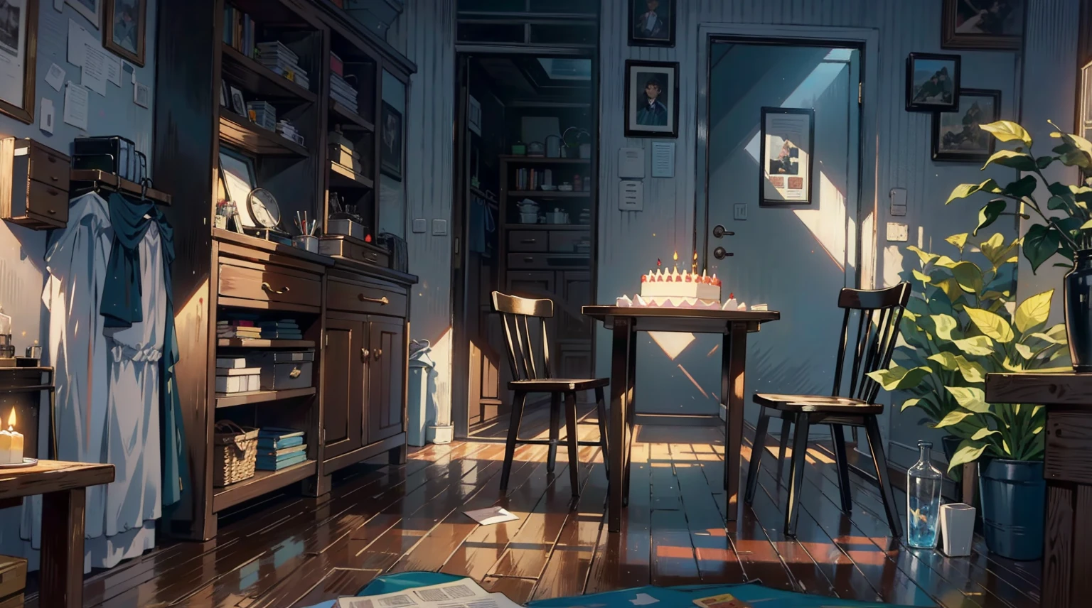 (best quality,masterpiece:1.2,detailed details,4k),A dim old apartment, a small birthday cake on an old wooden table, a modern apartment, an alarm clock on the wall, an anime scene,the wooden floor,