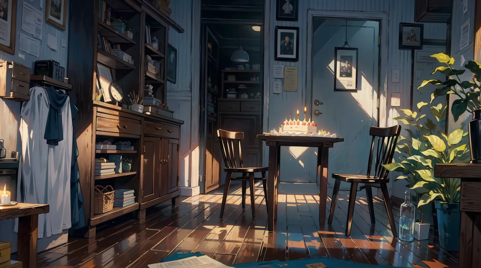 (best quality,masterpiece:1.2,detailed details,4k),A dim old apartment, a small birthday cake on an old wooden table, a modern apartment, an alarm clock on the wall, an anime scene,the wooden floor,