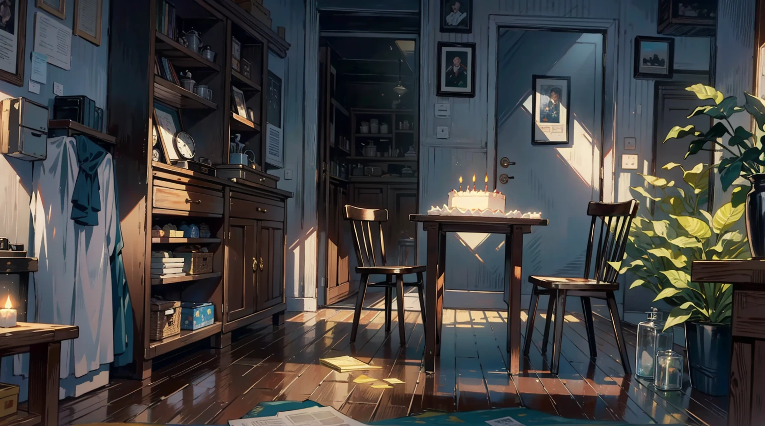 (best quality,masterpiece:1.2,detailed details,4k),A dim old apartment, a small birthday cake on an old wooden table, a modern apartment, an alarm clock on the wall, an anime scene,the wooden floor,