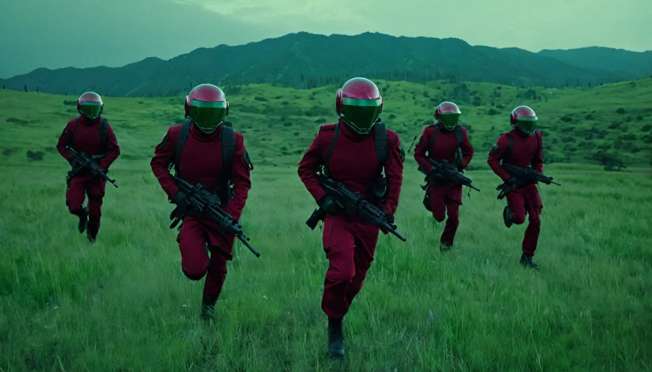 Soldiers in dark red military uniform wearing a futuristic helmet, run through the steppe with some green areas and a little bit of hills and pine trees, dark atmosphere