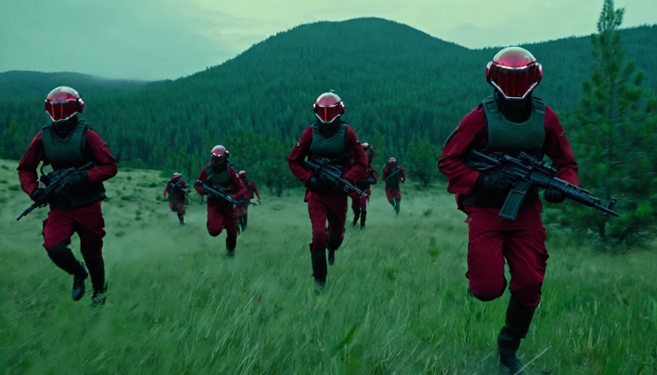 Soldiers in dark red military uniform wearing a futuristic helmet, run through the steppe with some green areas and a little bit of hills and pine trees, dark atmosphere
