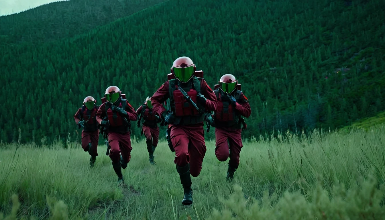 Soldiers in dark red military uniform wearing a futuristic helmet, run through the steppe with some green areas and a little bit of hills and pine trees, dark atmosphere
