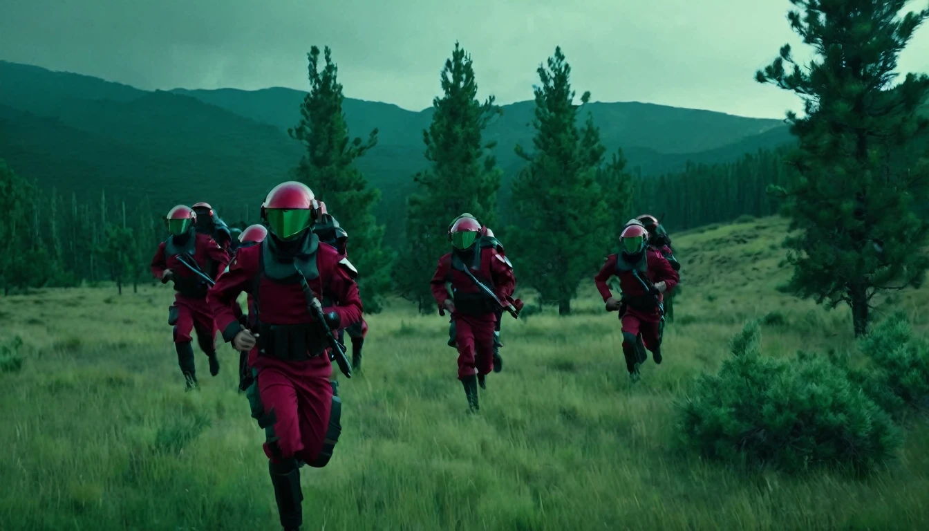 Soldiers in dark red military uniform wearing a futuristic helmet, run through the steppe with some green areas and a little bit of hills and pine trees, dark atmosphere