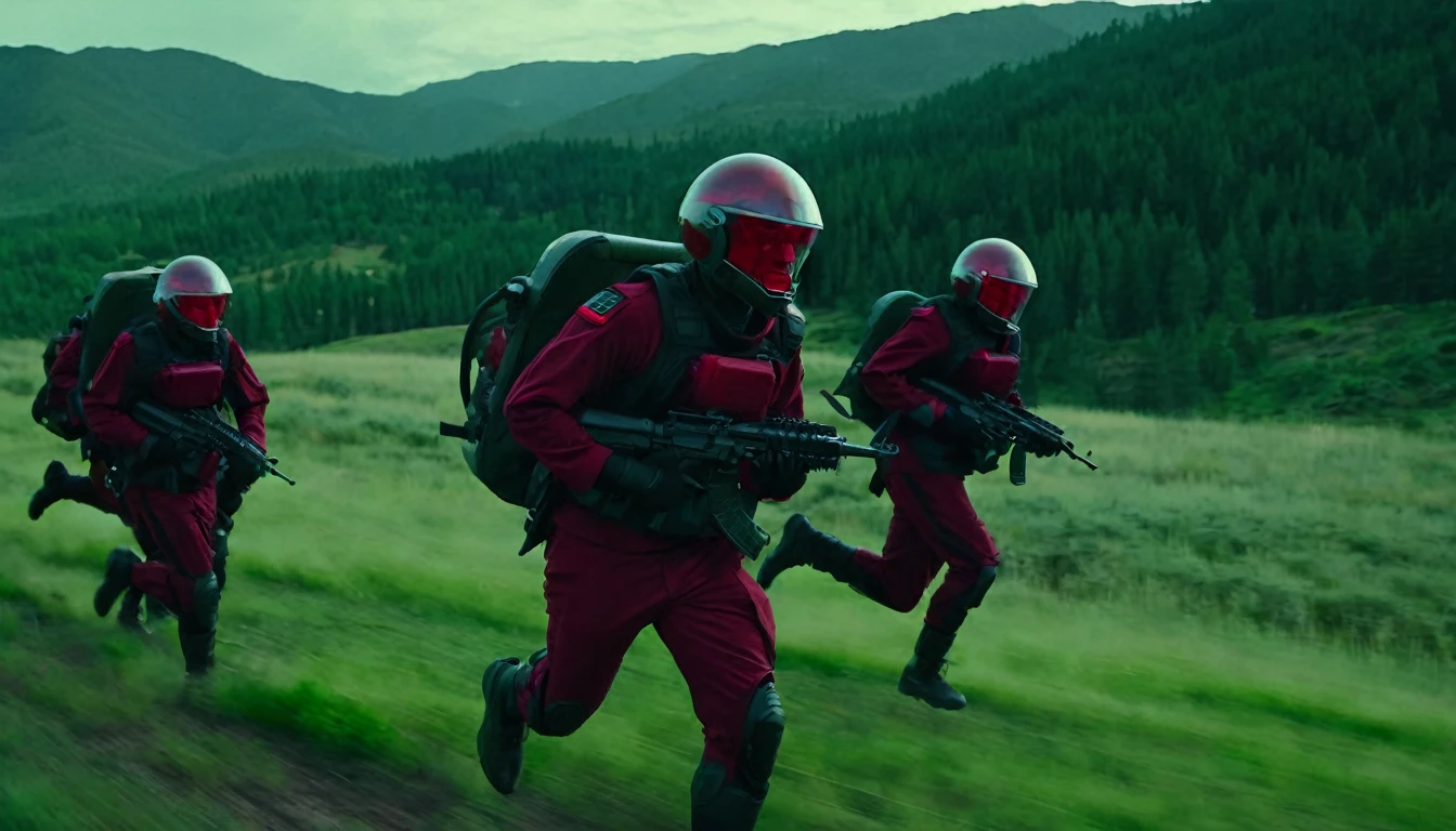 Soldiers in dark red military uniform wearing a futuristic helmet, run through the steppe with some green areas and a little bit of hills and pine trees, dark atmosphere
