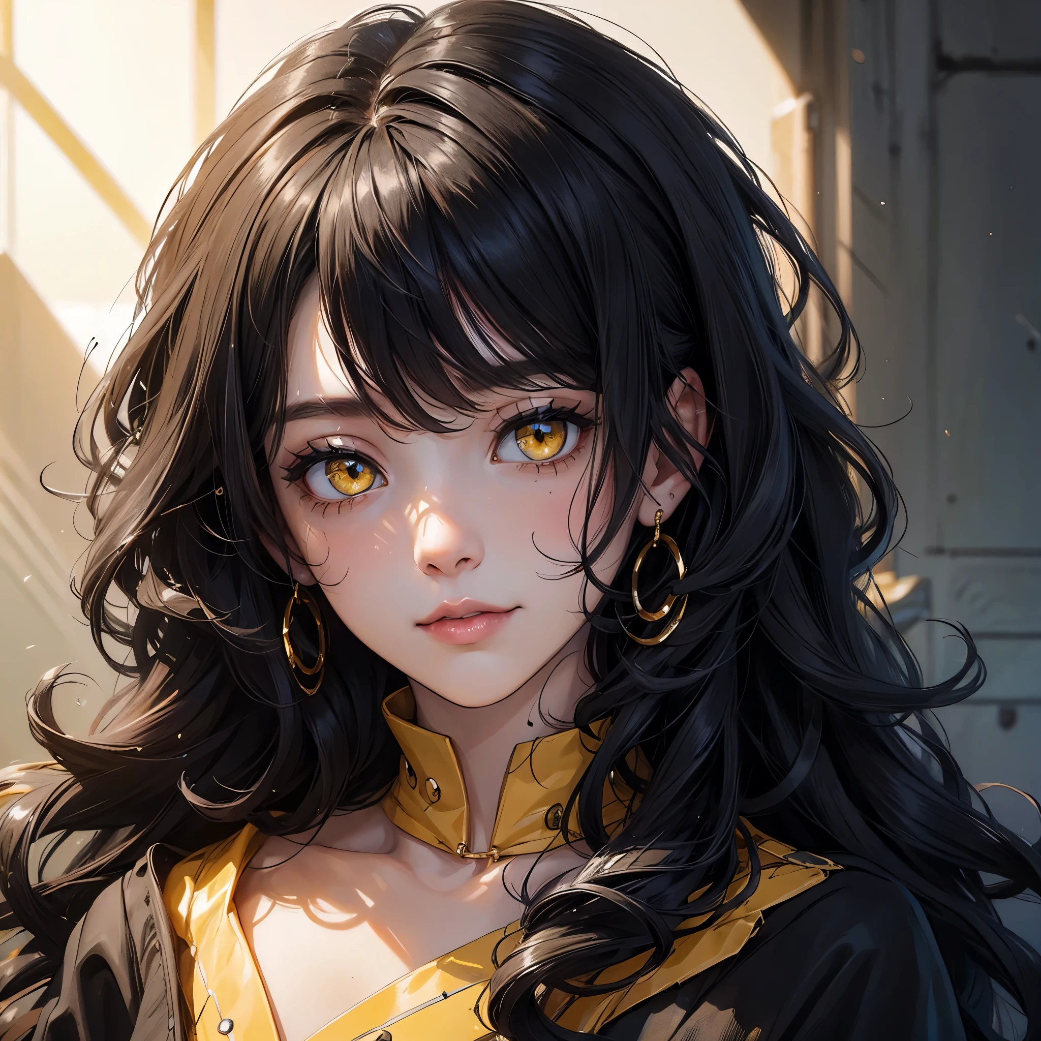 (portrait:1.5), 8k、Black Hair Curly Hair、Yellow eyes, woman