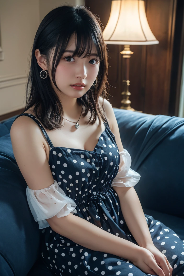 (Highest quality:1.4),(masterpiece:1.4),(Realistic:1.4),(Realistic:1.2),(超High resolution, RAW Photos:1.4),(High resolution, Ultra-detailed:1.2),(8k:1.2),View your viewers,Cinematic photography,One girl,skeletally correct,Black-haired woman,Woman in her early 20s,(Small earrings,necklace,Floral frill dress),(Western-style building interior,Dimly lit room,The lamplight shines on my cheeks)