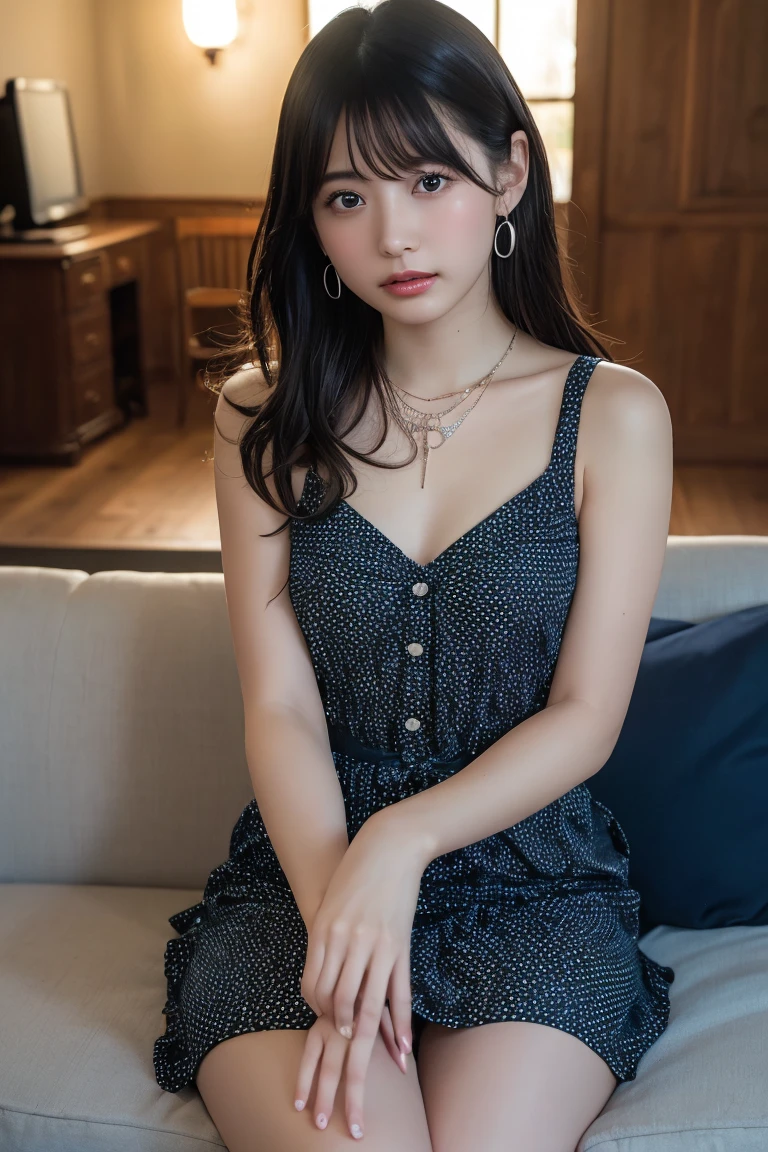 (Highest quality:1.4),(masterpiece:1.4),(Realistic:1.4),(Realistic:1.2),(超High resolution, RAW Photos:1.4),(High resolution, Ultra-detailed:1.2),(8K:1.2),View your viewers,Cinematic photography,Black Hair,Small earrings,necklace,One girl,skeletally correct,(polka dot dress,View from the front),(Western-style building interior,Dimly lit room,The lamplight shines on my cheeks,Sit on the sofa)