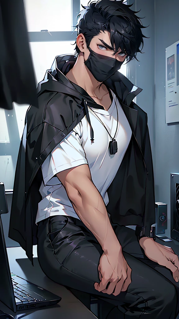 (4K works))、masterpiece、(top-quality)、((Black bedroom in the middle of the night))、mid night、In the black bedroom at midnight、((Window with a view of the starry sky))、((I can see the dark sky from the window))、((dark ilumination))、Korean Male、Adult male、((Adult male 26 years old))、((Face similar to Hyun Jin))、Cool Men、tall、((Irritated face))、((Strong eyes))、((Wearing a white T-shirt and a black hooded jacket、Wearing long black pants))、((Wear a black mask))、((smaller face))、Slim body、((hooligan))、((Black short-haired))、((Yellow eyes))、((shot from a side angle))、((Shot alone))、((Solo Photography))、((He is in PC gaming))、((He is sitting in front of the PC))、((In front of him is a PC))