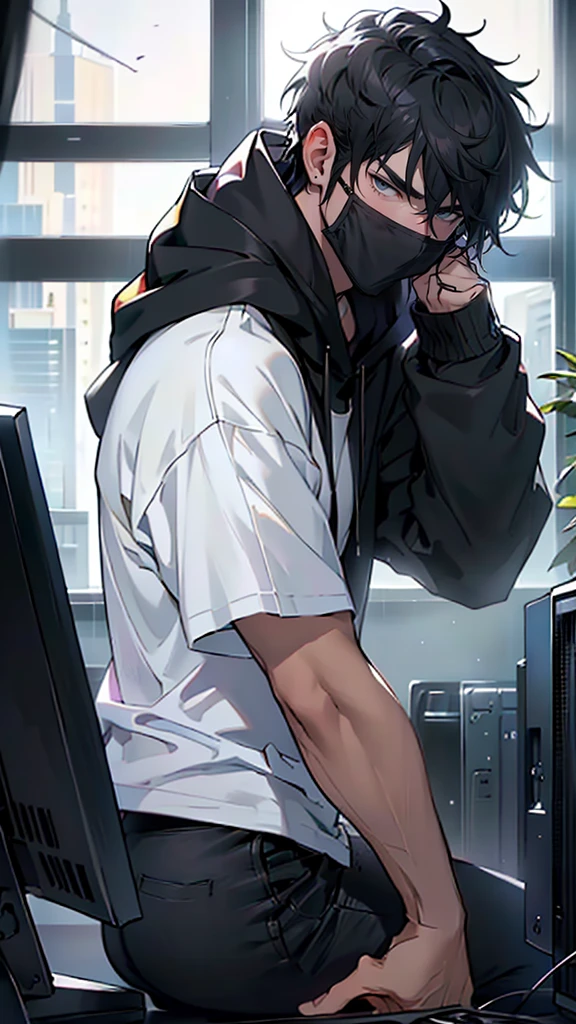 (4K works))、masterpiece、(top-quality)、((Black bedroom in the middle of the night))、mid night、In the black bedroom at midnight、((Window with a view of the starry sky))、((I can see the dark sky from the window))、((dark ilumination))、Korean Male、Adult male、((Adult male 26 years old))、((Face similar to Hyun Jin))、Cool Men、tall、((Irritated face))、((Strong eyes))、((Wearing a white T-shirt and a black hooded jacket、Wearing long black pants))、((Wear a black mask))、((smaller face))、Slim body、((hooligan))、((Black short-haired))、((Yellow eyes))、((shot from a side angle))、((Shot alone))、((Solo Photography))、((He is in PC gaming))、((He is sitting in front of the PC))、((In front of him is a PC))