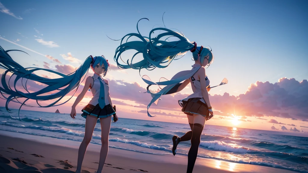 With the sun setting in the background、Please draw an upscaled image of Hatsune Miku at the beach。Her clear blue hair fluttering in the wind、The futuristic outfit stands out。Soft sand all around、The sound of the waves gently lapping、And the palm trees dot the landscape.。