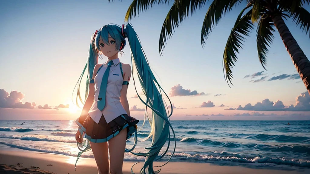 With the sun setting in the background、Please draw an upscaled image of Hatsune Miku at the beach。Her clear blue hair fluttering in the wind、The futuristic outfit stands out。Soft sand all around、The sound of the waves gently lapping、And the palm trees dot the landscape.。