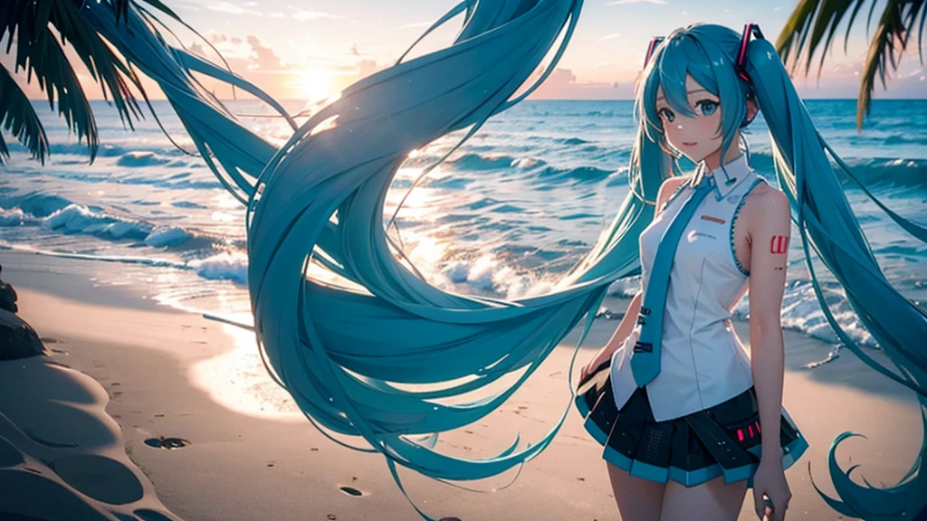 With the sun setting in the background、Please draw an upscaled image of Hatsune Miku at the beach。Her clear blue hair fluttering in the wind、The futuristic outfit stands out。Soft sand all around、The sound of the waves gently lapping、And the palm trees dot the landscape.。