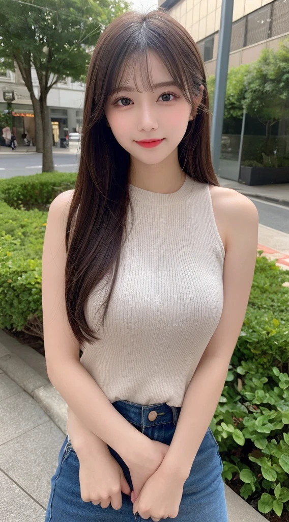 Tabletop, Highest quality, shape, Very detailed, finely, High resolution, 8k wallpaper, 完璧なダイナミックな構shape, Beautiful and exquisite, Nice spring clothes,Beautiful straight hair,Small breasts,Natural color lip, 20-year-old girl、cute、Always blur the background,Perfect and beautiful face,Beautiful and dense face、Slim face and figure,Big eyes、Putting on gal makeup,Actual Photos（Best image quality）、Sexy Face、Fashion model posing、Full Body Shot、smile、Change pose randomly、Randomly change the shooting angle and position、Summer fashion for women