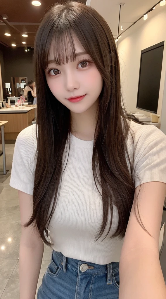 Tabletop, Highest quality, shape, Very detailed, finely, High resolution, 8k wallpaper, 完璧なダイナミックな構shape, Beautiful and exquisite, Nice spring clothes,Beautiful straight hair,Small breasts,Natural color lip, 20-year-old girl、cute、Always blur the background,Perfect and beautiful face,Beautiful and dense face、Slim face and figure,Big eyes、Putting on gal makeup,Actual Photos（Best image quality）、Sexy Face、Fashion model posing、Full Body Shot、smile、Change pose randomly、Randomly change the shooting angle and position、Summer fashion for women