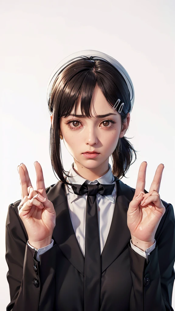 (((Perfect body,White and tender skin,(((Black strap dress, black long bow tie, white lining, black hat))),(((Kobeni Higashiyama, black hair, hair ornament, hairclip, ponytail, short hair, (brown eyes:1.5),))),((masterpiece)),highres,((Best quality at best)),masterpiece,quality,Best quality,((( Exquisite facial features,Looking at the audience,There is light in the eyes,(((frown,Wronged))),Scissorhands))),(((Light and shadow,Huge breasts,))),(((Looking at the camera,White background))))