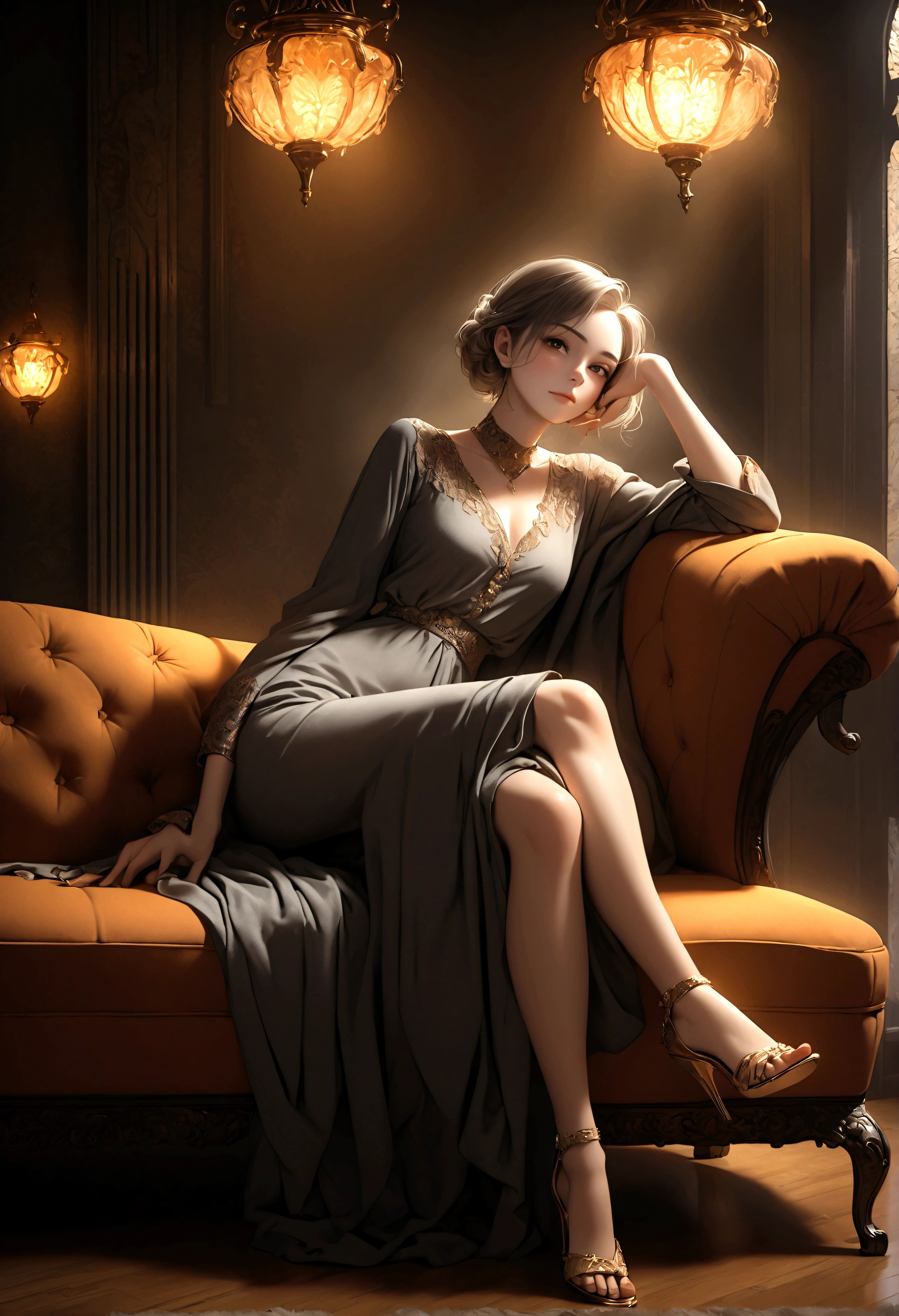 a drunk beautiful woman relaxing carelessly on a sofa, full body shot, highly detailed facial expression, intricate details, photorealistic, 8k, masterpiece, glowing skin, elegant fashion, dramatic lighting, cinematic composition, warm color tones, chiaroscuro lighting, realistic textures, atmospheric environment, detailed background, moody atmosphere