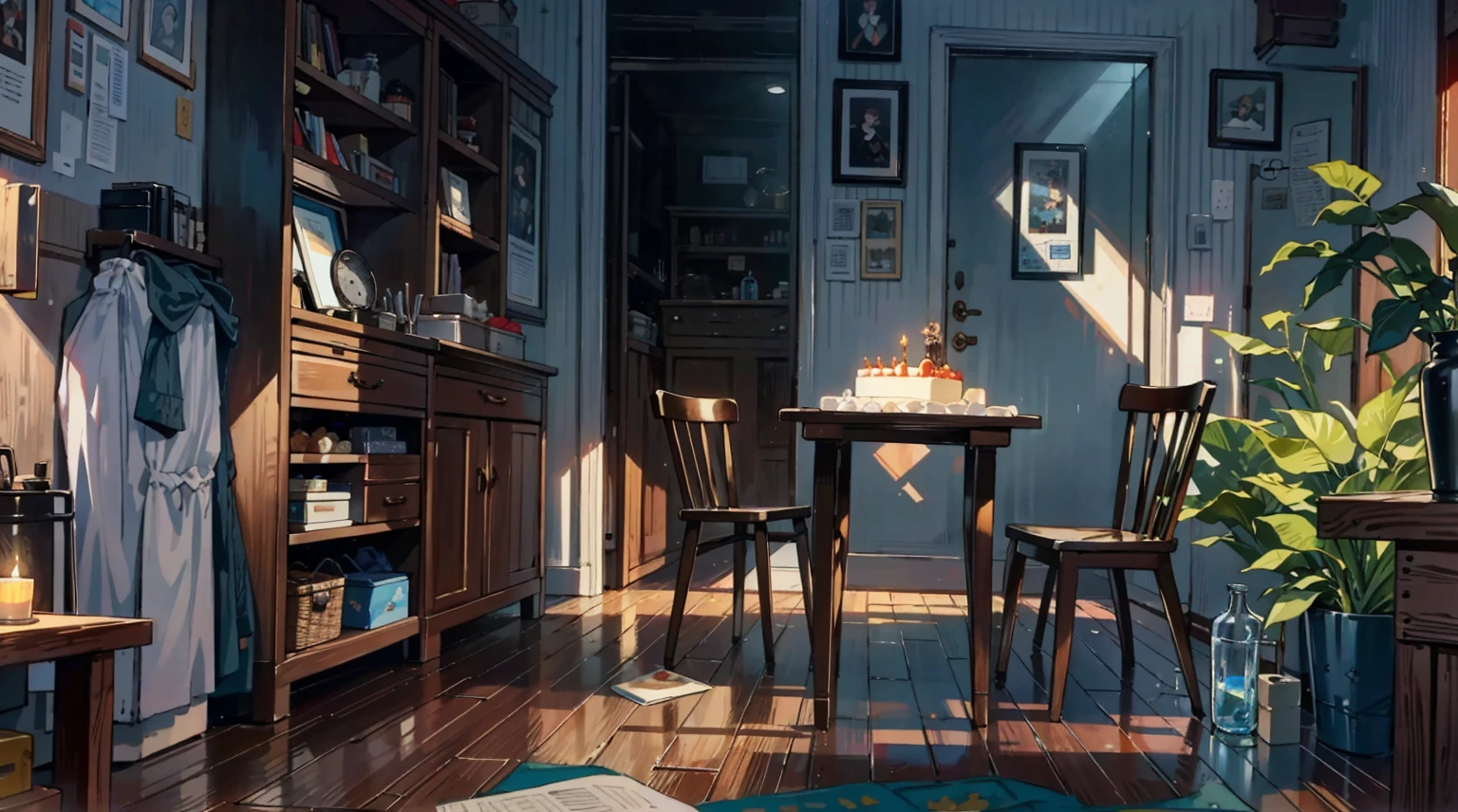 （best quality，masterpiece：1.2，detailed details，4k），A dim old apartment, a small birthday cake on an old wooden table, a modern apartment, an alarm clock on the wall, an anime scene,the wooden floor, 