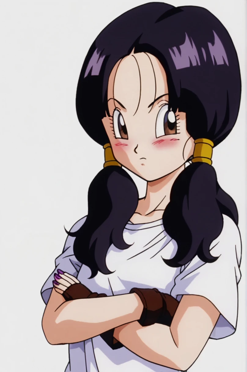 sauce_anime, score_9, score_8_superior, score_7_superior, anime screencap, videl dbz, 眉をsuperiorげる, One girl, alone, Purple Hair, Hair that does not tie, Brown eyes, Black Hair, White shirt, Cowboy Shot, Long shirt, Semi-long hair, Short sleeve, Arms crossed, Brown gloves, blush, Look to the side, Wind, nail, eyelash, Simple Background, White Background,