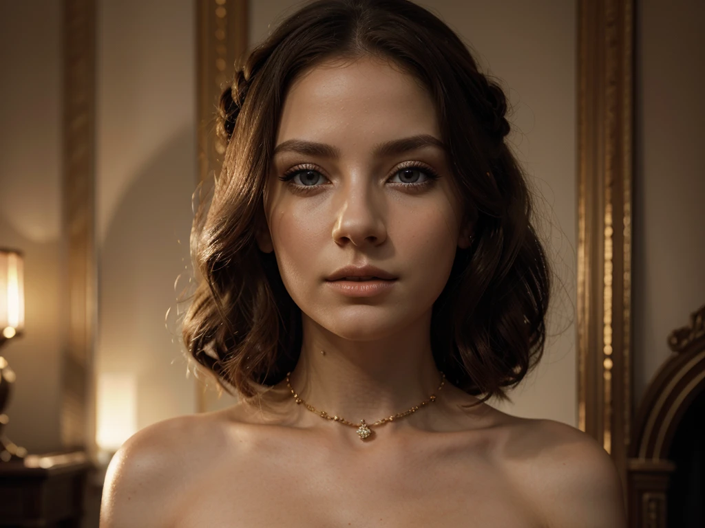 A chiaroscuro portrait of a woman, beautiful detailed eyes, beautiful detailed lips, extremely detailed eyes and face, long eyelashes, porcelain skin, elegant hairstyle, intricate jewelry, dramatic lighting, Renaissance style, dramatic shadows, warm golden tones, dramatic chiaroscuro lighting, ultra-detailed, 8k, photorealistic, masterpiece, cinematic, dramatic atmosphere, elegant and regal