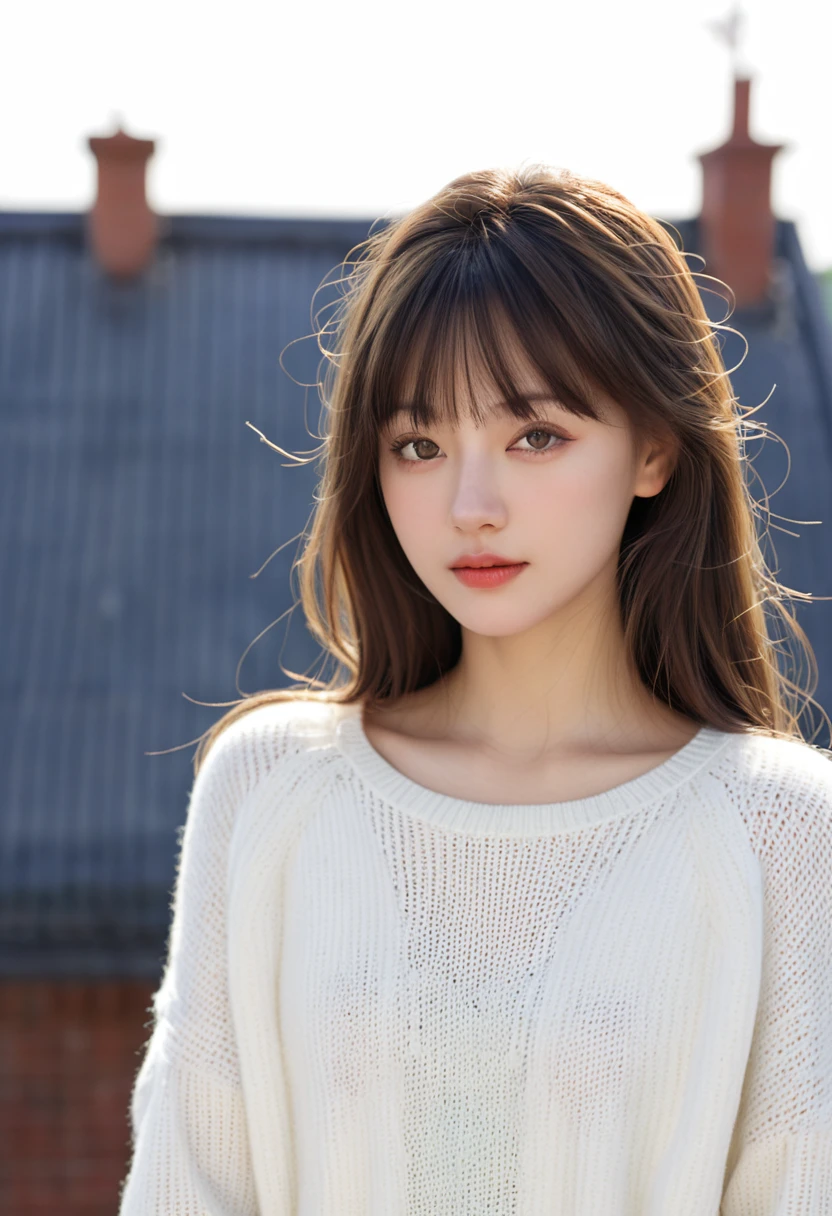 (Solitary:1.3)), 1 Girl, best quality, realistic, Reality, best quality, masterpiece, Very refined, Very detailed, (Selfie:1.2), Fine details, Ultra Detailed, HD, Very detailed, realistic, Ultra HD, best quality, Ultra HD, (real:1.4), High quality textures, Wearing a white thin summer sweater, On the roof, Bangs, Long hair , Afternoon Sunshine, Spectacular sky and clouds