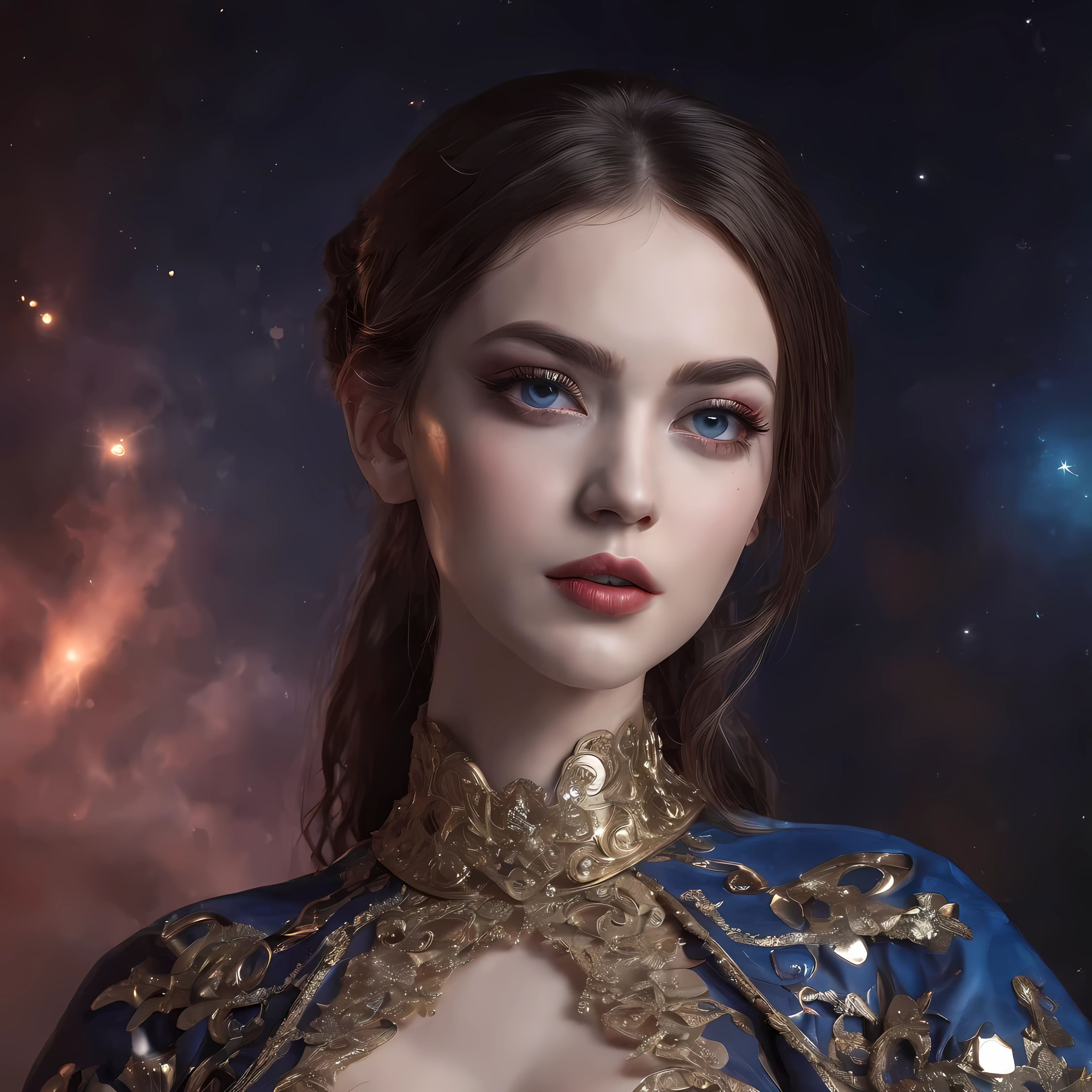 alluring full body shot intricate, highly detailed, realistic , hyperrealism  ,naughty, sharp focus,  , exuding eerie
and alluring charm,bright light on face ,frontlighting,( silver and gold gowns) ,golden necklaces,golden brochures, beautiful dark blue eyes ,professional makeup, pink lipstick,, realistic,
, full body shot of a gorgeous lady , beautiful mesmerizing faces reflecting from broken mirrors at the dark horizon,  ((nebulas and stars at the horizons)), dark blue beautiful symmetric eyes ,perfect eyes,extremely detailed face, lifelike photography, ultra high detailed,cute smile ,high  quality  , gorgeous Russian models , awesome action photos, realistic, hyperrealism, fantasy ,  fit body,((  queen of spades gown and queen of hearts gown )),((( full body shot))), bright light on faces , 