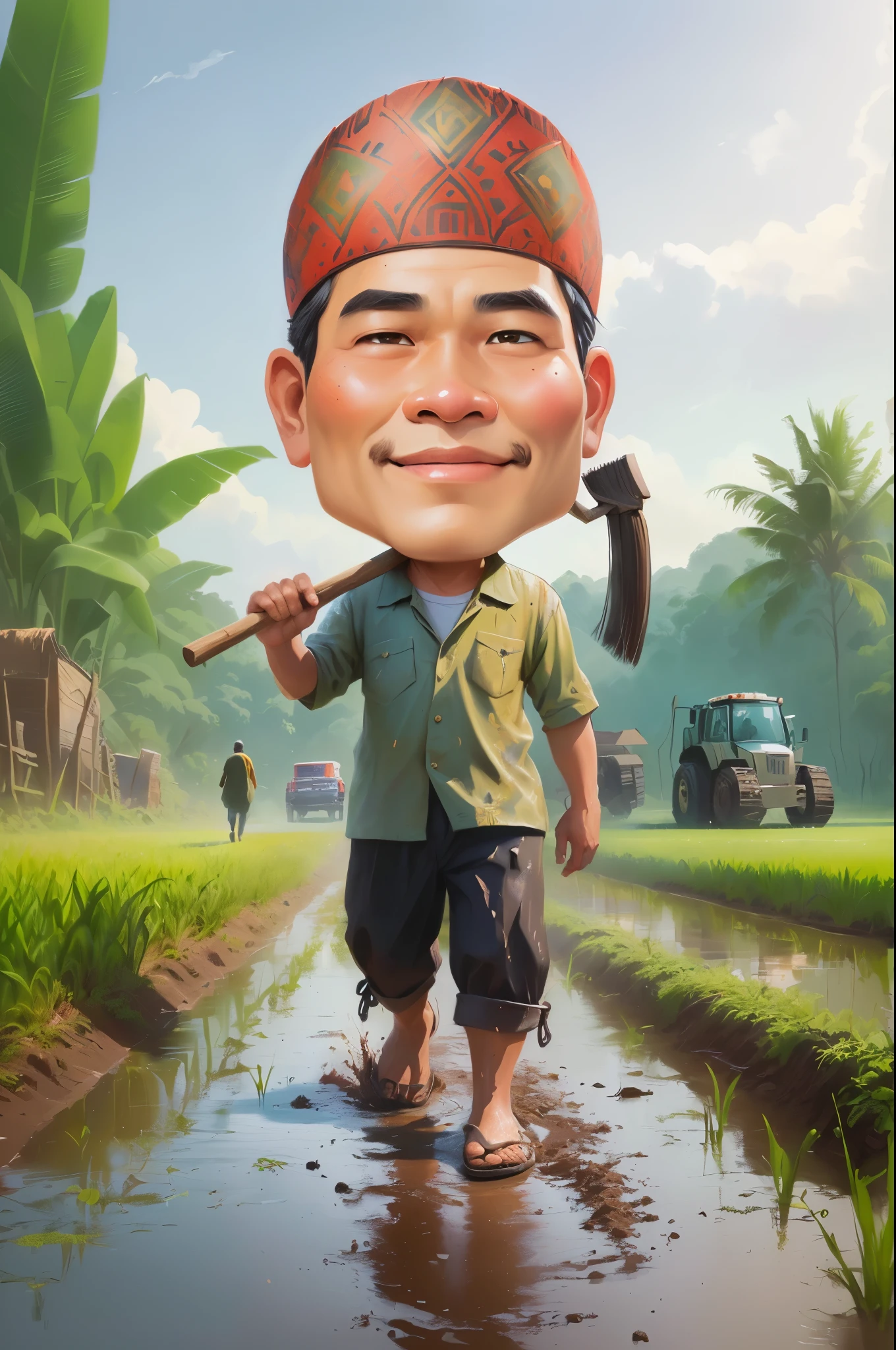 cartoon man walking through a muddy field with a hoe, The head wears a typical Javanese headgear blangkon, caricature illustration, farmer, Indonesian farmer, caricature style, cartoon portrait, cartoon digital painting, caricature, official illustration, cartoon digital art, in cartoon style, inspired by Rudy Siswanto, inspired by I Ketut Soki, potrait, digital cartoon painting art, digital art cartoon, cartoon artstyle