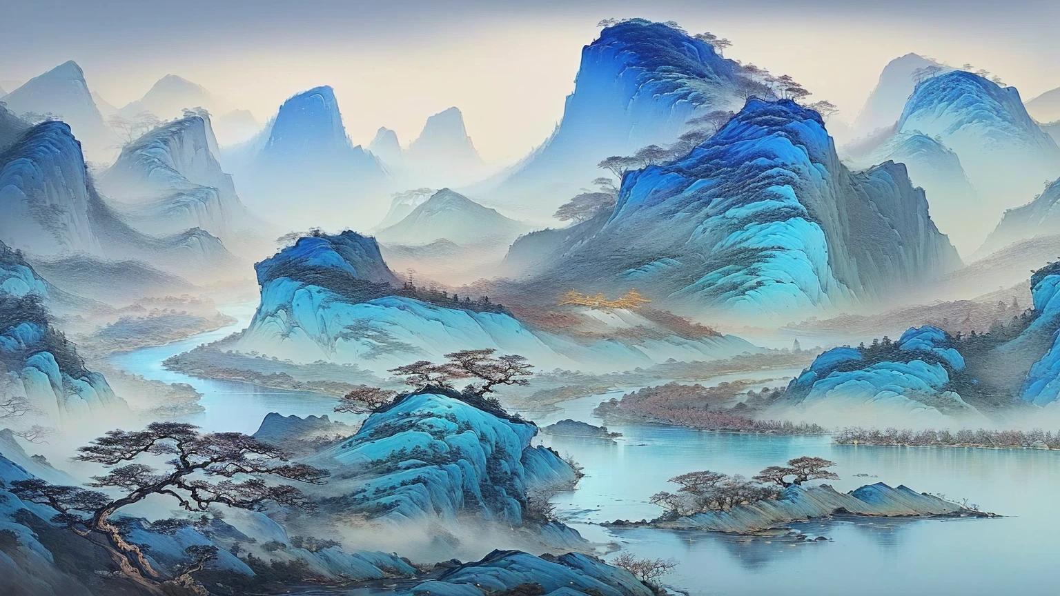 A painting depicting mountains、Painting of a river and some trees, Chinese scenery, Chinese painting style, Floating mountains, qi sheng luo, traditional Chinese Arts, Inspired by Jujube, by Yang Buzhi, by Li Di, Chinese Arts, author Wen Boren, Inspired by Li Keran, author:Xu Xi, Traditional Chinese ink painting, Gong Xian