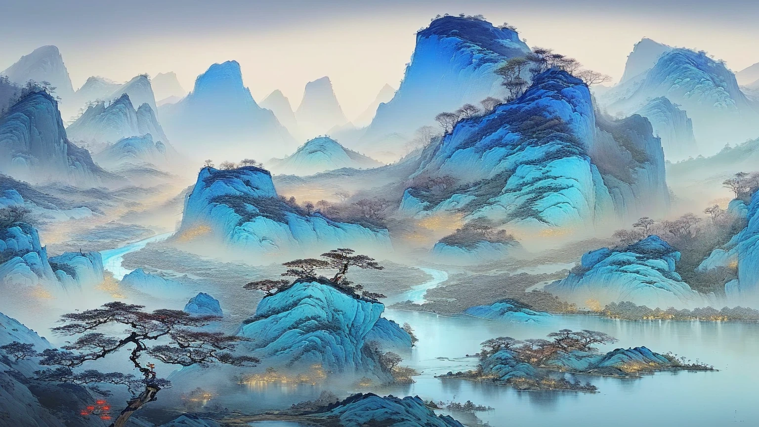 A painting depicting mountains、Painting of a river and some trees, Chinese scenery, Chinese painting style, Floating mountains, qi sheng luo, traditional Chinese Arts, Inspired by Jujube, by Yang Buzhi, by Li Di, Chinese Arts, author Wen Boren, Inspired by Li Keran, author:Xu Xi, Traditional Chinese ink painting, Gong Xian