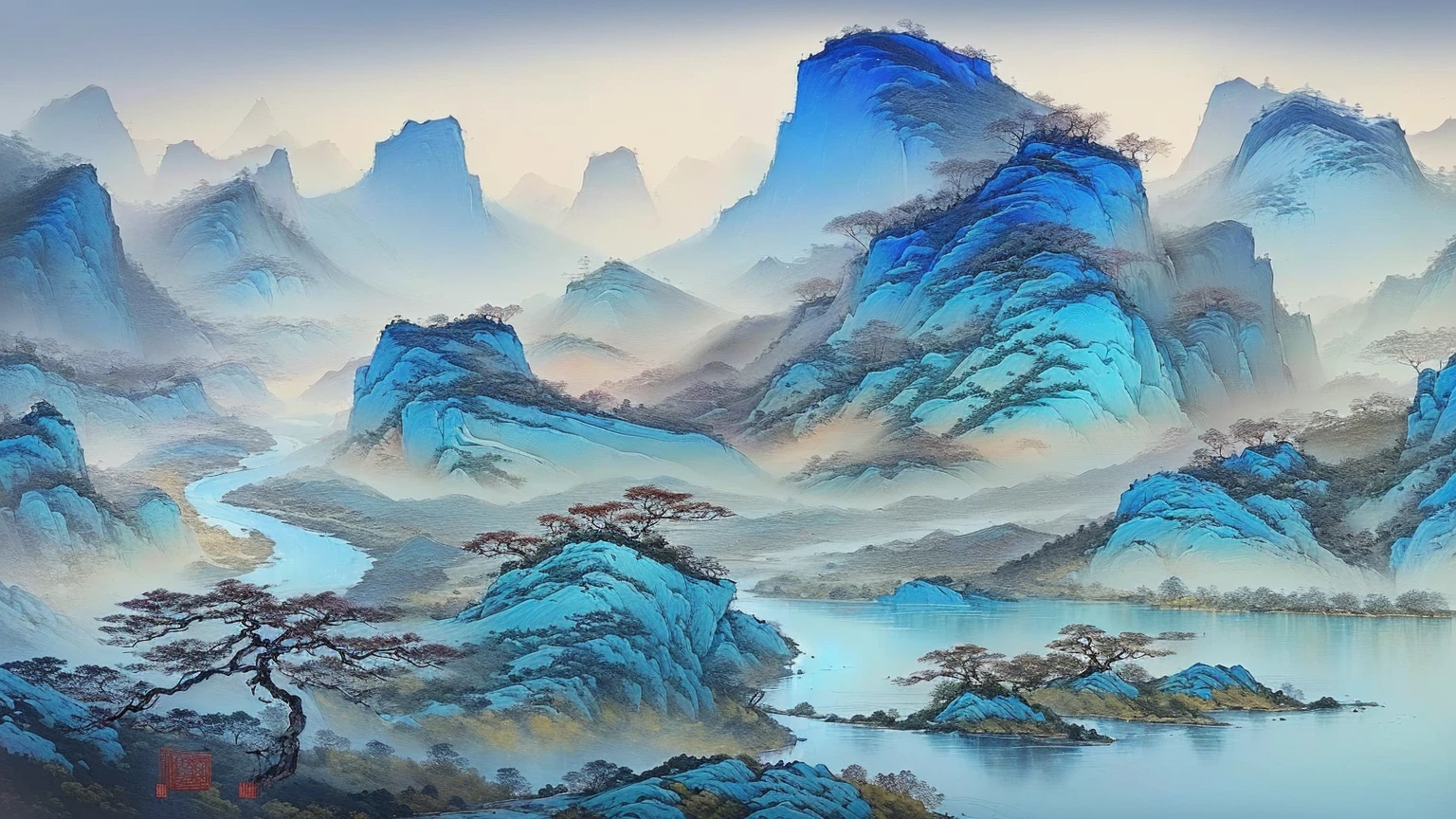 A painting depicting mountains、Painting of a river and some trees, Chinese scenery, Chinese painting style, Floating mountains, qi sheng luo, traditional Chinese Arts, Inspired by Jujube, by Yang Buzhi, by Li Di, Chinese Arts, author Wen Boren, Inspired by Li Keran, author:Xu Xi, Traditional Chinese ink painting, Gong Xian
