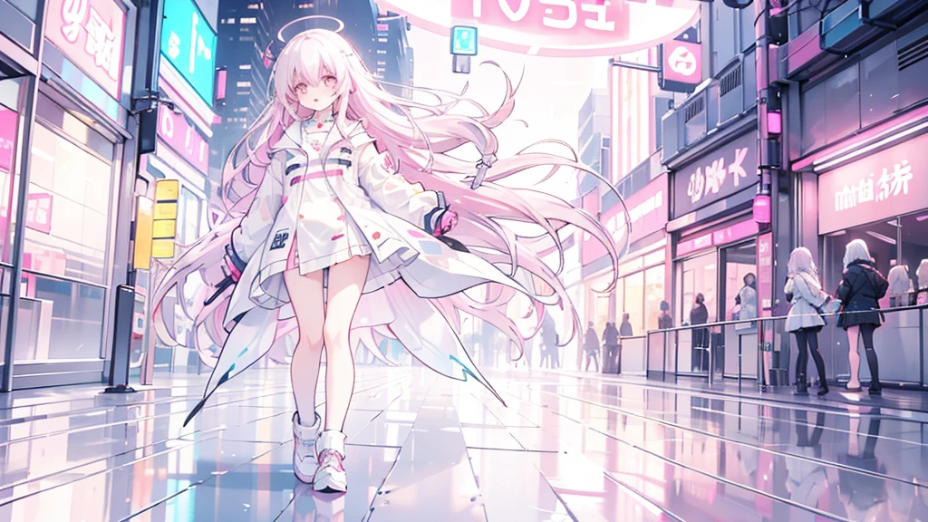 Pinkish white hair, wavy hair, girl, neon city, raincoat, angry, mouth wide open, full body composition