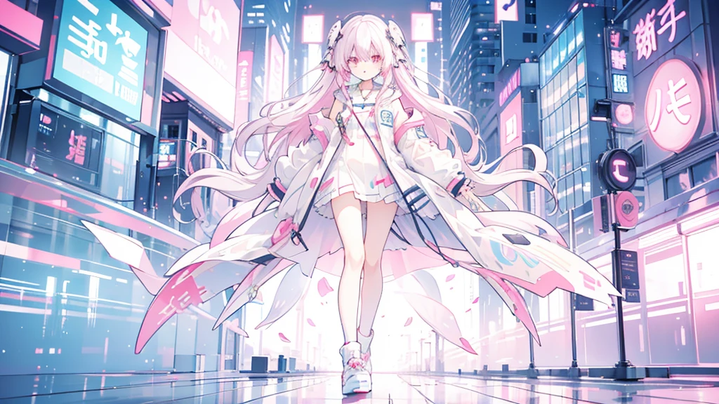 Pinkish white hair, wavy hair, girl, neon city, raincoat, angry, mouth wide open, full body composition
