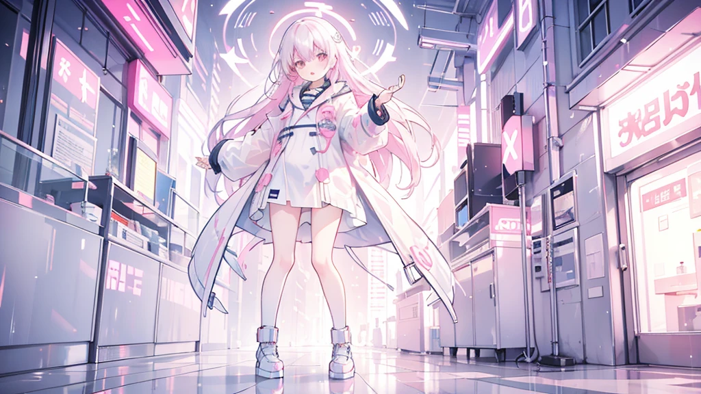 Pinkish white hair, wavy hair, girl, neon city, raincoat, angry, mouth wide open, full body composition