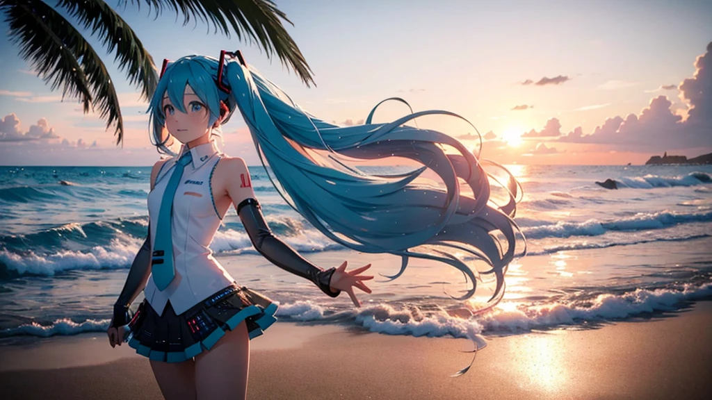 With the sun setting in the background、Please draw an upscaled image of Hatsune Miku at the beach。Her clear blue hair fluttering in the wind、The futuristic outfit stands out。Soft sand all around、The sound of the waves gently lapping、And the palm trees dot the landscape.。