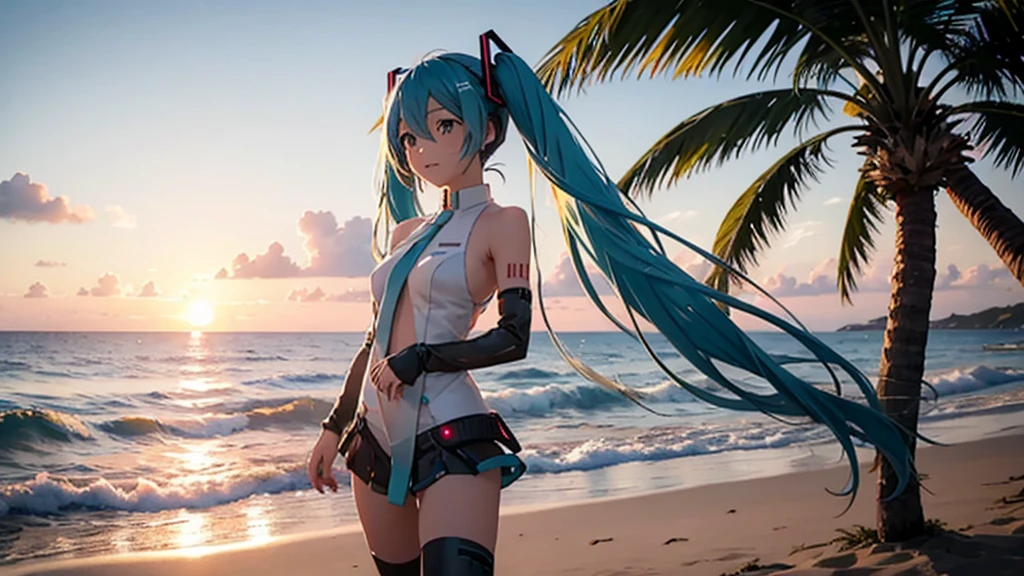 (Maxima calidad), ((la mejor definicion)) Miku Hatsune antropomorfica, furry art, ojos azul intenso ((la mejor calidad)), recostada sobre su lado izquierdo, pose medio lateral, descalza, patas bien definidas, la mejor calidad, beach landscape al atardecer